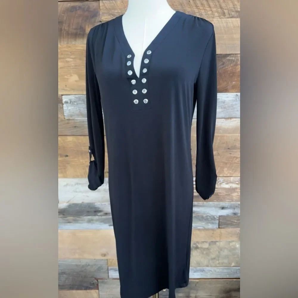 Michael Kors Black V-neck Long roll Sleeve Dress with Silver eyelet Details Sz M
